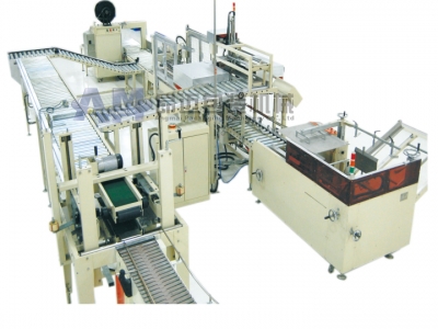 Automatic unpacking, packing, box sealing and strapping line in food industry